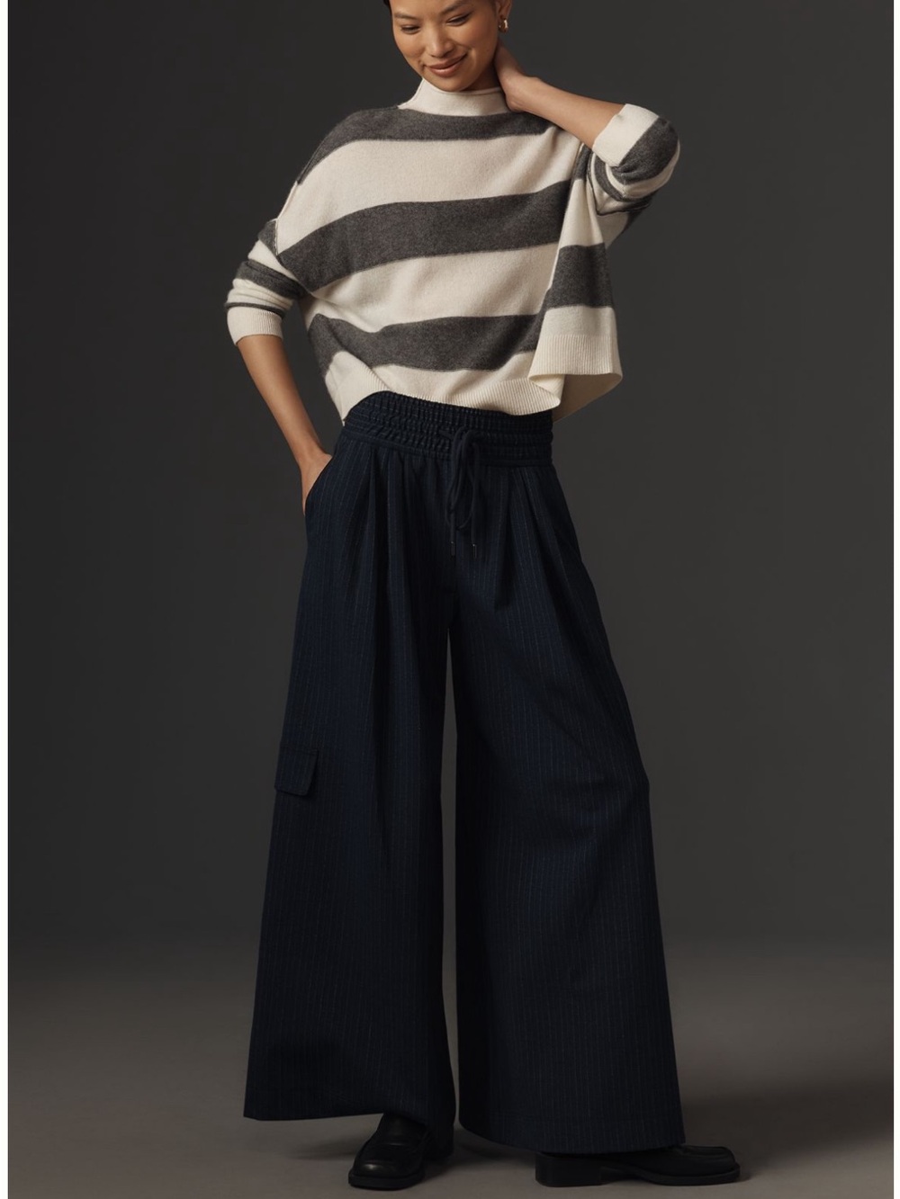 Maeve Wide-Leg Pinstripe Drawstring Pants in Navy